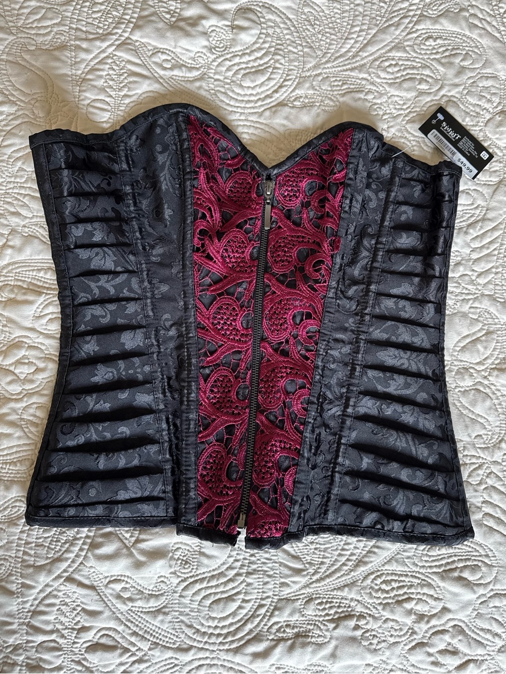 NWT Black Corset with Burgundy Lace Front size M